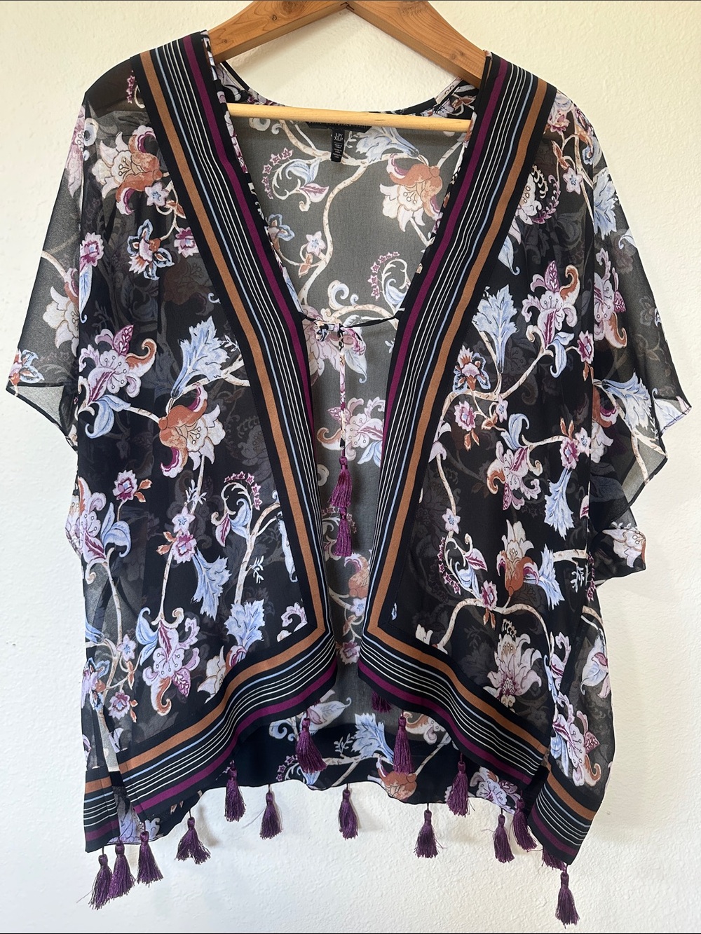 White House Black Market Black Sheer Floral Tassel Kimono